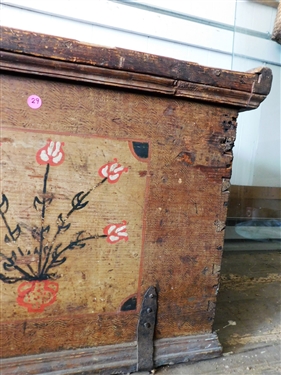 Pine Grain Painted Chest with Painted Flower Decoration - Black Smith Straps and Handles - Top Finish is Rough - 22 tall 55 1/2 by 22