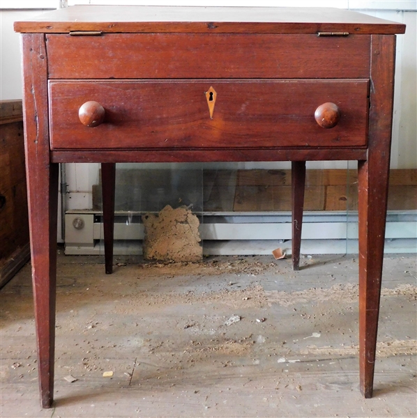 Walnut Slant Top Desk with Drawer - Divided Compartments inside - Inlaid Key Holes Legs Are Damaged - 31 1/2" tall 25 1/2" by 23"