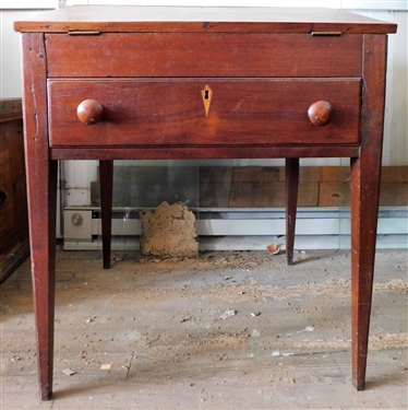 Walnut Slant Top Desk with Drawer - Divided Compartments inside - Inlaid Key Holes Legs Are Damaged - 31 1/2 tall 25 1/2 by 23