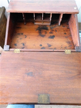 Walnut Slant Top Desk with Drawer - Divided Compartments inside - Inlaid Key Holes Legs Are Damaged - 31 1/2 tall 25 1/2 by 23