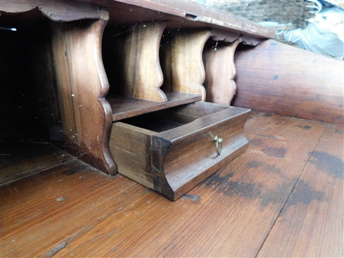 Walnut Slant Top Desk with Drawer - Divided Compartments inside - Inlaid Key Holes Legs Are Damaged - 31 1/2 tall 25 1/2 by 23