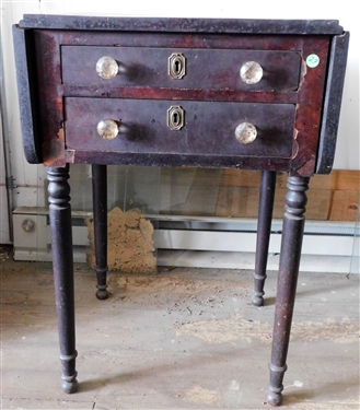 2 Drawer Drop Side Table - Original Finish - Glass Knobs - Some Veneer Loss - 29 tall 27 by 20 -Each Leaf Measures 9 - Top Drawer is Divided - 1 Knob Needs a Screw