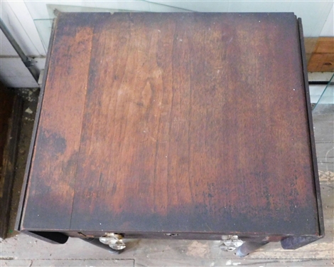 2 Drawer Drop Side Table - Original Finish - Glass Knobs - Some Veneer Loss - 29 tall 27 by 20 -Each Leaf Measures 9 - Top Drawer is Divided - 1 Knob Needs a Screw