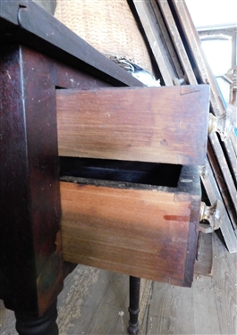 2 Drawer Drop Side Table - Original Finish - Glass Knobs - Some Veneer Loss - 29 tall 27 by 20 -Each Leaf Measures 9 - Top Drawer is Divided - 1 Knob Needs a Screw