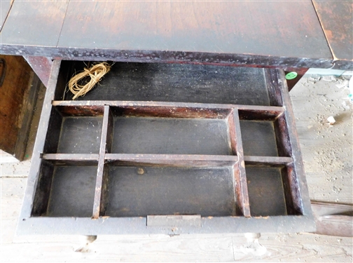 2 Drawer Drop Side Table - Original Finish - Glass Knobs - Some Veneer Loss - 29 tall 27 by 20 -Each Leaf Measures 9 - Top Drawer is Divided - 1 Knob Needs a Screw