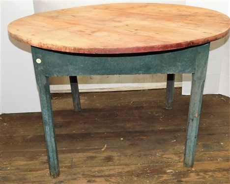 Round 3 Board Top Table with Green Painted Base Chamfered Legs - 27 1/4 tall 42 Across