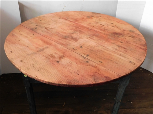 Round 3 Board Top Table with Green Painted Base Chamfered Legs - 27 1/4 tall 42 Across