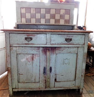 Country 2 Drawer and 2 Door Cabinet with Checkerboard Backsplash - Dovetailed Drawers - Both Doors Have Some Damage - 32 tall 40 By 26 1/2 Not including Back Splash - Back Splash is 17