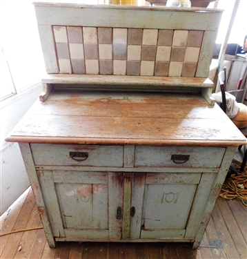 Country 2 Drawer and 2 Door Cabinet with Checkerboard Backsplash - Dovetailed Drawers - Both Doors Have Some Damage - 32 tall 40 By 26 1/2 Not including Back Splash - Back Splash is 17