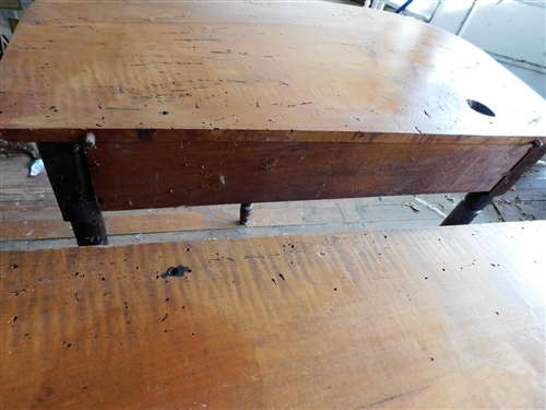 Pair of Maple Banquet End Tables - Turned Legs - Each Table Measures   29 tall 37 1/2 by 20 - One Side Has Some Paint Overspray on Top  