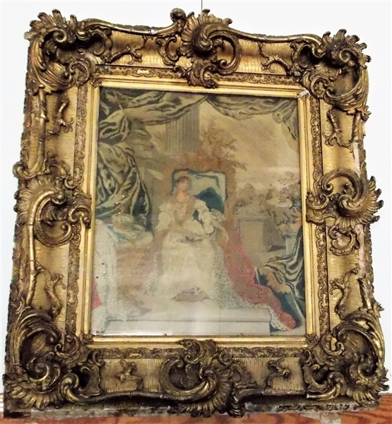 Large Needlework of Queen in Outstanding Gold Gilt Frame - Frame Measures -40" by 36" Frame Has Some Gold Loss 