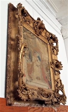 Large Needlework of Queen in Outstanding Gold Gilt Frame - Frame Measures -40 by 36 Frame Has Some Gold Loss 