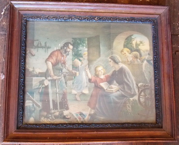 Religious Print in Walnut Frame - Frame Measures 21" by 25" Interior of Frame 16" by 20" - Glass Has Staining - Not Print