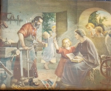 Religious Print in Walnut Frame - Frame Measures 21 by 25 Interior of Frame 16 by 20 - Glass Has Staining - Not Print