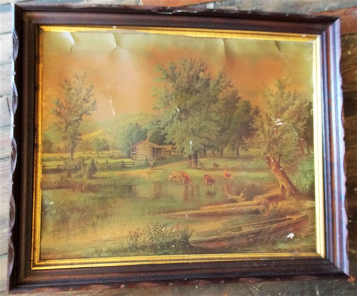 Large Walnut Frame with Print on Canvas of Cows - Print Has Lots of Damage - Frame Measures 28 1/2" by 34 1/2" - Interior Measures 24" by 30"