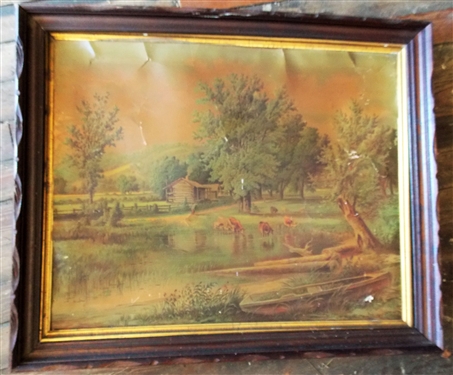 Large Walnut Frame with Print on Canvas of Cows - Print Has Lots of Damage - Frame Measures 28 1/2 by 34 1/2 - Interior Measures 24 by 30