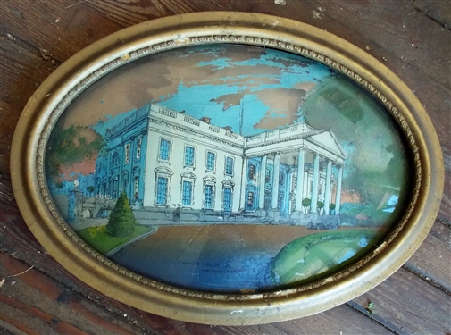 Oval Reverse Painting  on Bowed Glass of The White House -  in Gold Gilt Frame - Frame Measures  22 1/4 by 16 1/4 - Painting Has Lots of Paint Loss