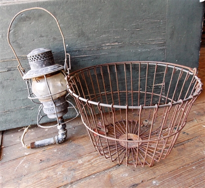 North and Western Railroad Lantern - Has Been Electrified and Metal Egg Basket - Measures 9 1/2 by 14
