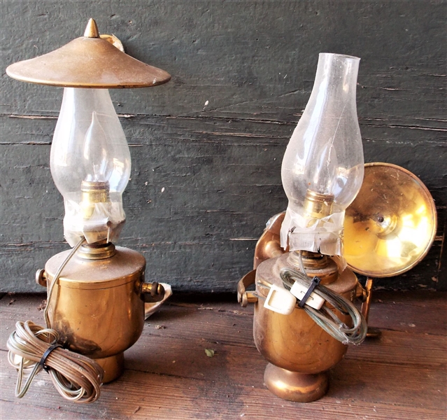 Pair of Heavy Brass Hanging Ship Lamps with Reflectors - Lamps Have Not Been Drilled - Measure 15 1/2" tall 