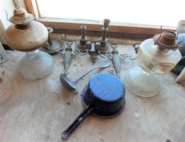 2 Oil Lamps, Brass Sconces, Brass Candle Sticks, Dippers, and Blue Enamel Dipper