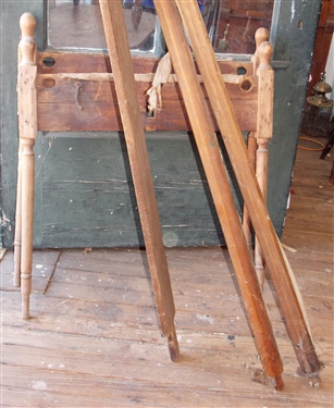 Primitive Wood Implement with Metal Wheels on Ends of Posts - Wood Pieces with Turned Legs Measure 35 by 31