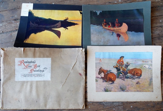 2 Frederick Remington 1908 Prints - Artist Proof Coming to the Call - Tear in Top Right Corner and Some Foxing and Other Men in Canoe - Torn at Top Left and Has Some Overall Foxing - Art Measures...