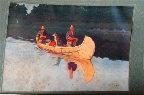2 Frederick Remington 1908 Prints - Artist Proof Coming to the Call - Tear in Top Right Corner and Some Foxing and Other Men in Canoe - Torn at Top Left and Has Some Overall Foxing - Art Measures...