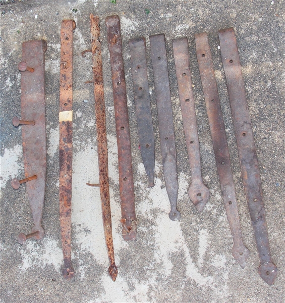 9  Blacksmith Shop Made Hinges- 3 with Original Nails / Fasteners - Widest Measures 20 1/2" by 2 3/4" 