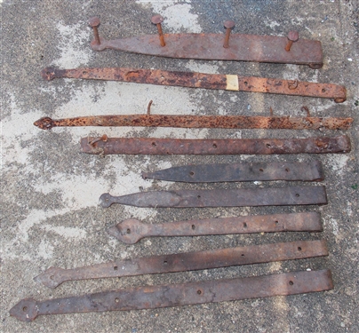 9  Blacksmith Shop Made Hinges- 3 with Original Nails / Fasteners - Widest Measures 20 1/2 by 2 3/4 