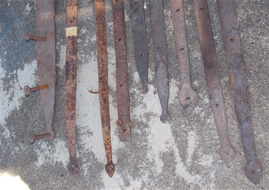 9  Blacksmith Shop Made Hinges- 3 with Original Nails / Fasteners - Widest Measures 20 1/2 by 2 3/4 
