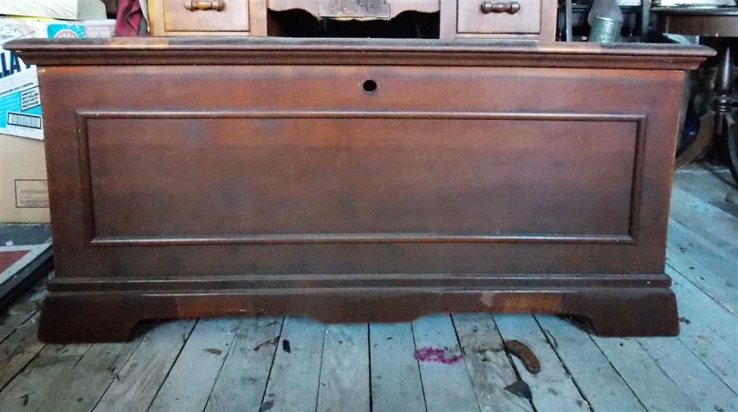 Cedar Chest - Top Has Some Sun Fading and Damage to Top- NO Contents - Measures 20 1/2" tall 46" by 19"