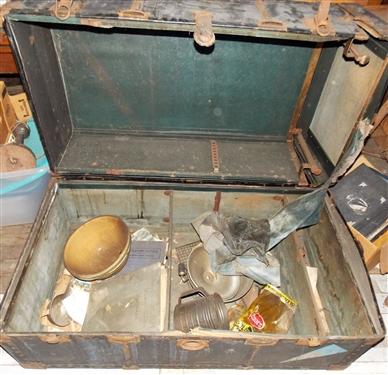 Leather Wrapped Steamer Trunk and Contents -  Leather is Torn - Measures 22 1/2 tall 40 1/2 by 21 1/2