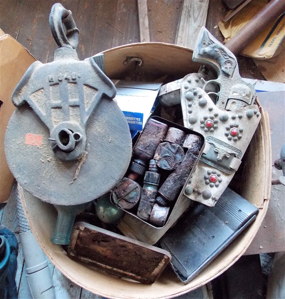 Cheese Box Lot including Pulley, Little Texan Gun and Holster, Bottles, Etc. 
