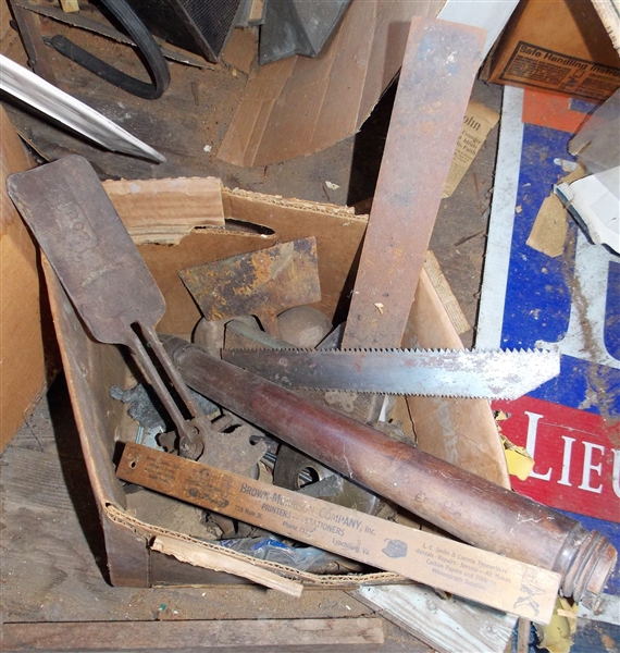Box Lot of Tools including Square, Level, Scooper, Saw