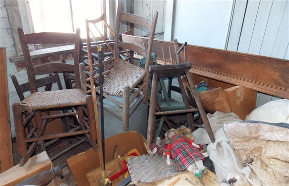 Hidden Treasure Lot- including Primitive Chairs, Dentil Molding, Dolls, Wood Pieces, Zenith Radio, Turkey Platter, Hand Drill, Enamel Bucket - Etc. 