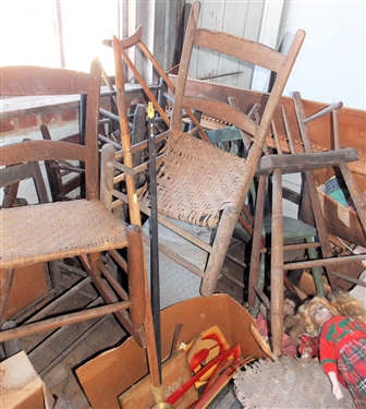 Hidden Treasure Lot- including Primitive Chairs, Dentil Molding, Dolls, Wood Pieces, Zenith Radio, Turkey Platter, Hand Drill, Enamel Bucket - Etc. 