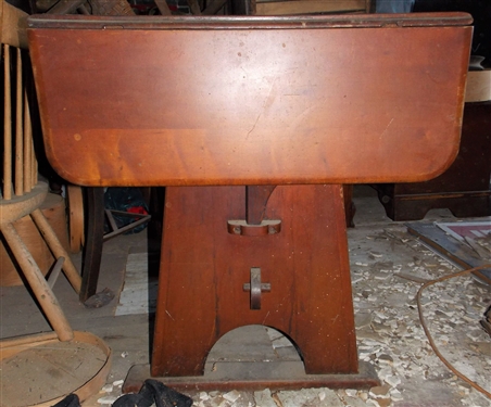 Drop Sides Trestle Table with Drawer - Top Finish Is Stained - Table Measures 29 1/2 tall 39 by 28 - Leaves Measure 10