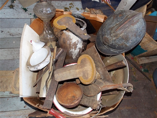 Box Lot including Military Helmet, Shoulder Straps, Civil War Forks, Oil Lamp, Crock, Enamel Bucket, Weight