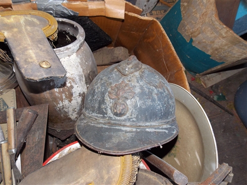 Box Lot including Military Helmet, Shoulder Straps, Civil War Forks, Oil Lamp, Crock, Enamel Bucket, Weight