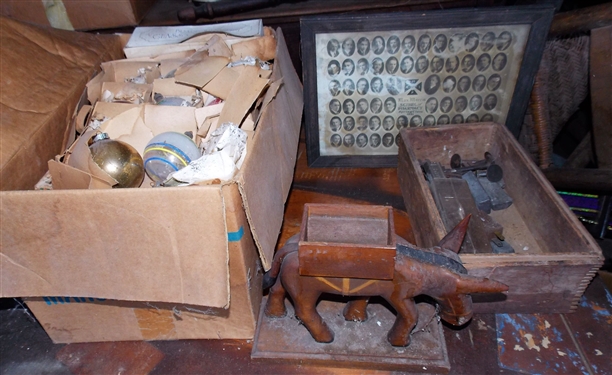 Pharmacy School Photo, Vintage Christmas Ornaments, Donkey Wood Cigarette Dispenser, and Box of Tin and Lead Melting Blocks