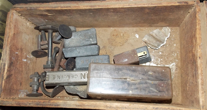 Pharmacy School Photo, Vintage Christmas Ornaments, Donkey Wood Cigarette Dispenser, and Box of Tin and Lead Melting Blocks