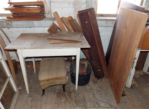 Primitive Pegged Table, Foot Stool, Drawer Fronts, Wood Pieces, Enamel Bucket Lot and Wide Wood Boards - Table Measures - 28 1/2 tall 36 1/2 by 21 1/2  Largest Board Measures - 44 1/2 by 24 1/2