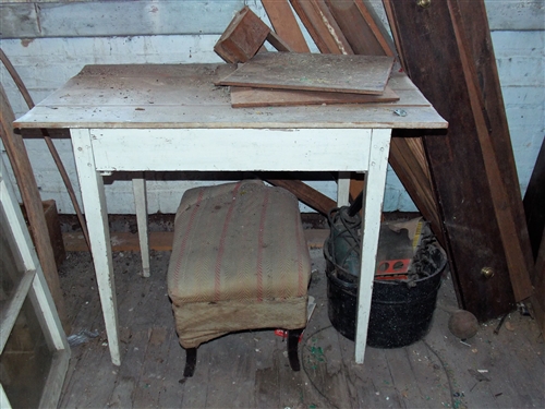 Primitive Pegged Table, Foot Stool, Drawer Fronts, Wood Pieces, Enamel Bucket Lot and Wide Wood Boards - Table Measures - 28 1/2 tall 36 1/2 by 21 1/2  Largest Board Measures - 44 1/2 by 24 1/2