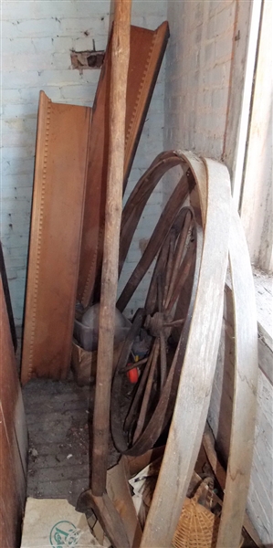 Wagon Wheel Parts, Wagon Wheel, Basket, Glass Globes, Wood Pieces with Dentil Molding, Hewn Log Brace - Hidden Treasures in Corner