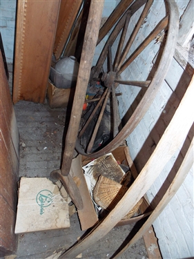 Wagon Wheel Parts, Wagon Wheel, Basket, Glass Globes, Wood Pieces with Dentil Molding, Hewn Log Brace - Hidden Treasures in Corner