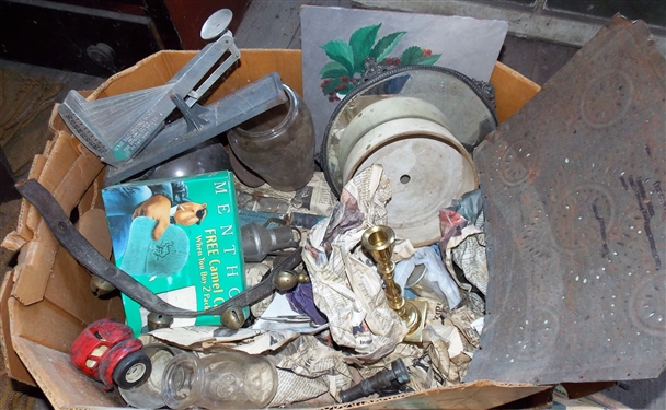 Box Lot including Egg Scales, Brass Candle Sticks, Bells, Milk Bottle, Painting, Dresser Mirror, Etc. 