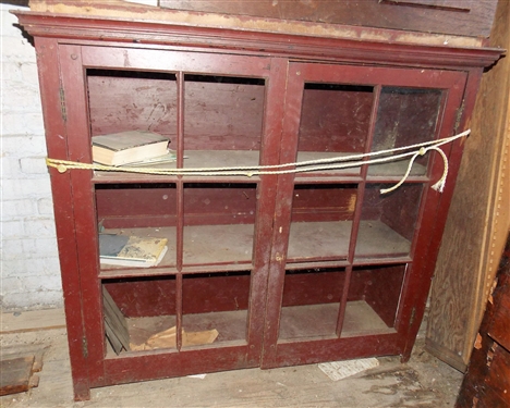 Pegged 12 Pane Cupboard Top with Original Red Paint - Measures 43 tall 46 by 14 - Glass is Out of Top 