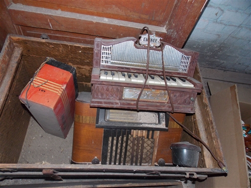 Philco Radio, Fireking Battery, Trunk Bottom with Tray, and Wood Door No Glass- Door Measures 79 1/2 by 32