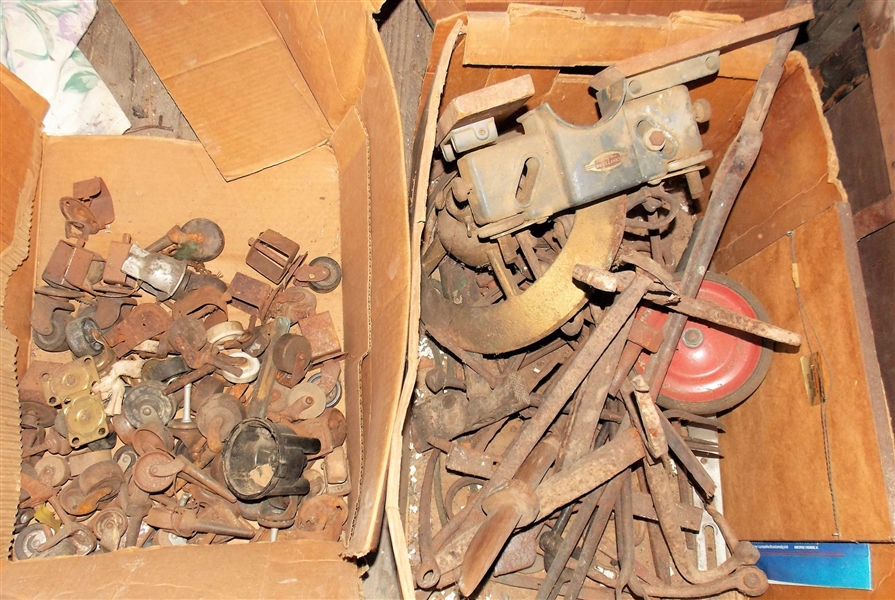 Box of Casters and Back of Metal Blacksmith Made Pieces including Andirons