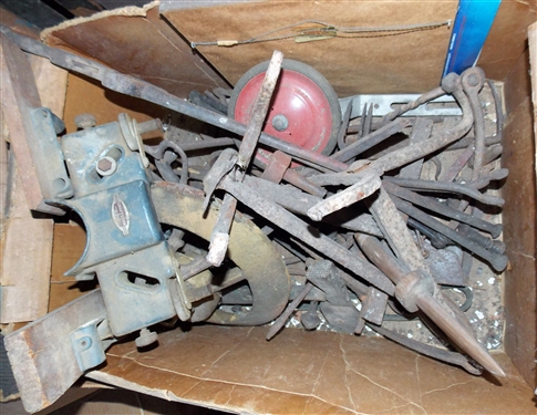 Box of Casters and Back of Metal Blacksmith Made Pieces including Andirons